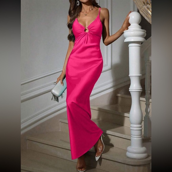 Luxe hot pinkV neck party formal evening dress